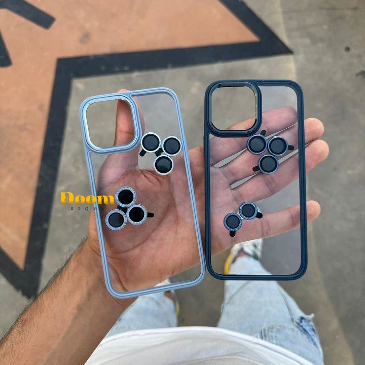 Transparent case with coloured frame and matching camera lens 2*1