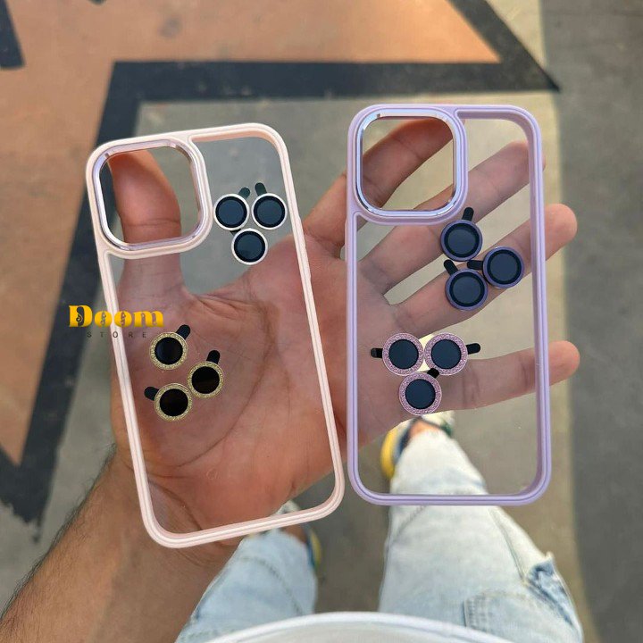 Transparent case with coloured frame and matching camera lens 2*1